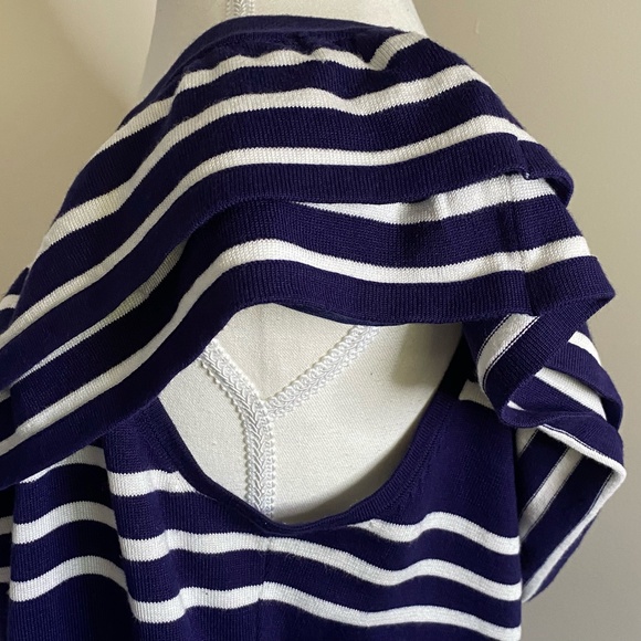 Pointelle Navy/White Double Ruffle Shoulder Coastal Nautical Casual Knit Top-XL - Picture 8 of 15
